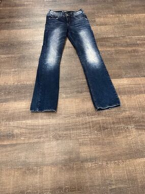 Silver Jeans Dark Indigo Denim Suki Mid Slim Boot Jeans Tan Stitching Size 28